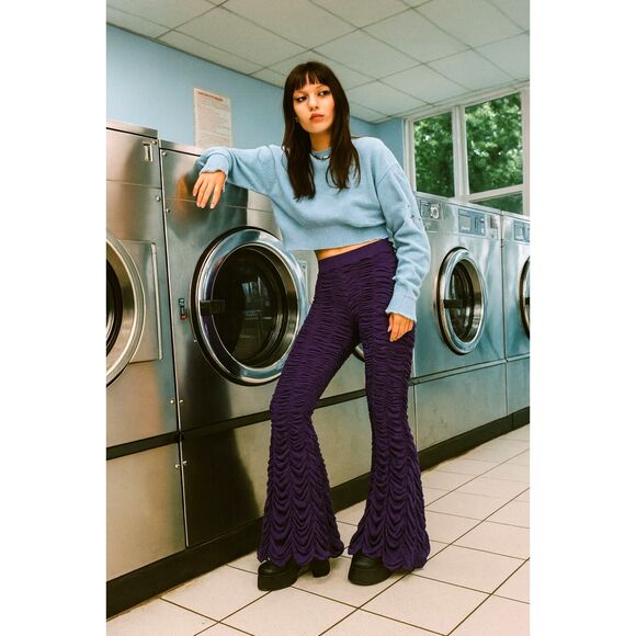 NWT LAZY OAF Purple Rusched Flare Bell Bottom Pants Trousers   Women's Size 28 - Picture 1 of 8